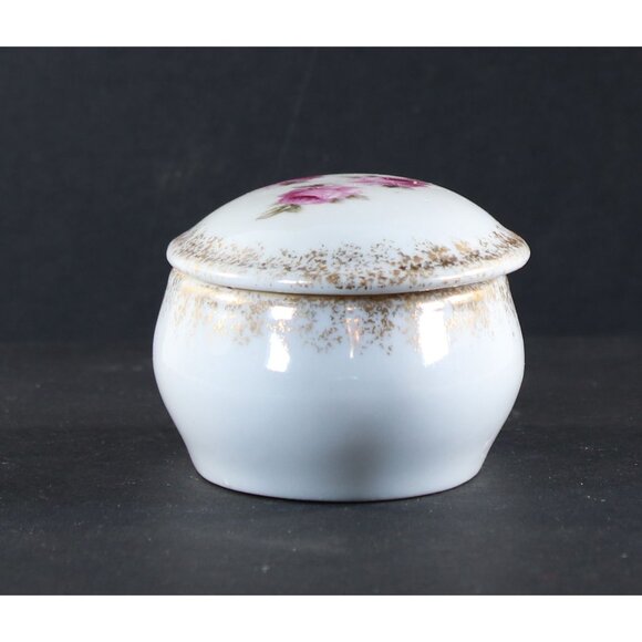 Porcelain Vanity Jar Trinket Box Pink Roses 1950s GC 2.25" Tall Vintage - Picture 7 of 14